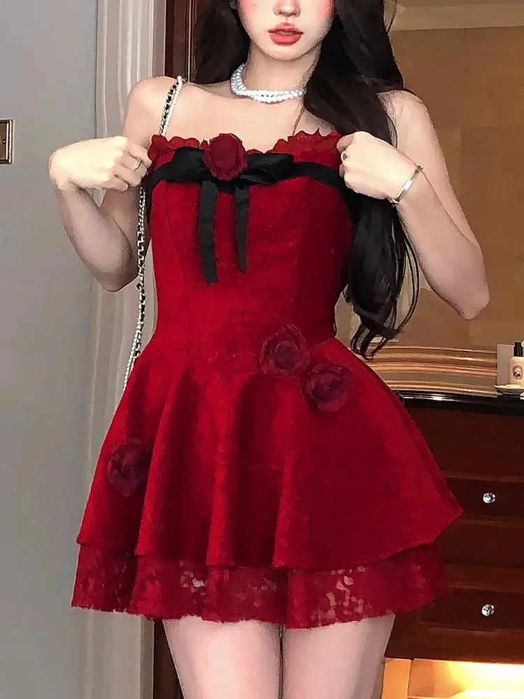 Y2K милое мини-платье с цветочным принтом для женщин элегантное кружевное