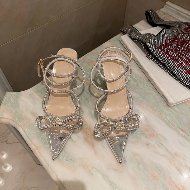 

2022 Women's Shoes Spring/Autumn Fashion Butterfly-Knot Narrow Band Bling Patchwork Cross-Tied Crystal Pointed Toe Pumps Female
