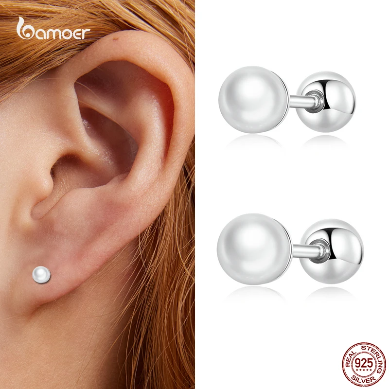 

Bamoer 925 Sterling Silver Simple Mini 0.3/0.4cm Shell Bead Ear Studs Luxury Gold Plated Earrings for Women S925 Fine Jewelry