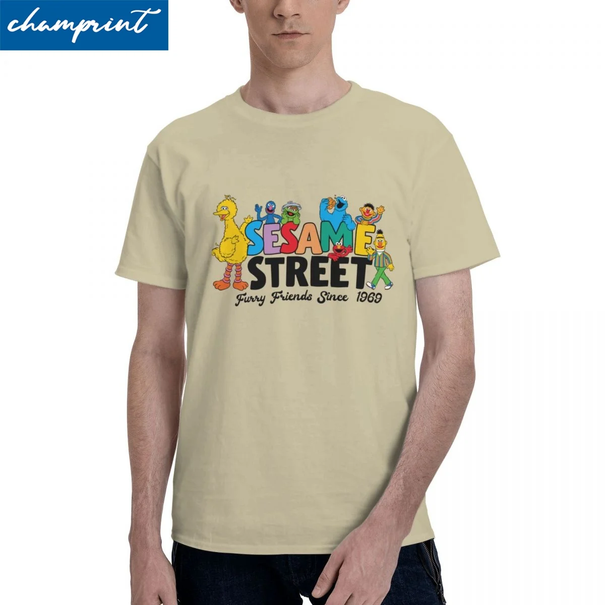 

Футболка с пушистой надписью «Улица Сезам» для мужчин и женщин, 1969