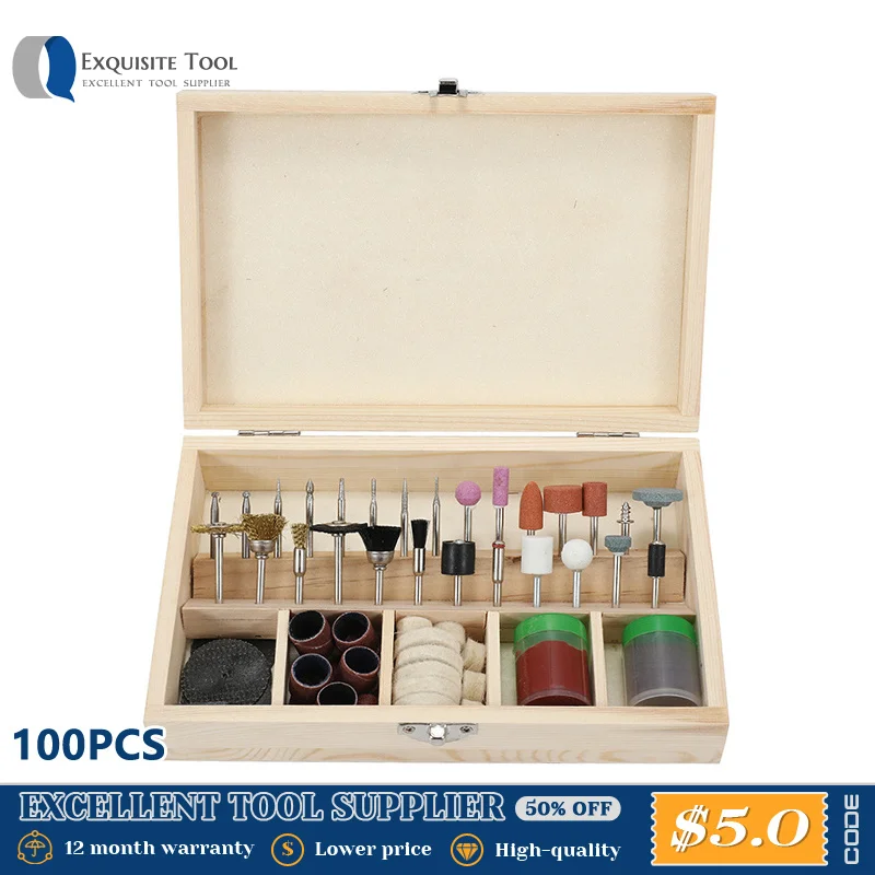

100pcs Power Tool Accessories Set With Wooden Box Fits Dremel Grinding Polishing Metal Wood Engraving Drill Electric Rotary Tool