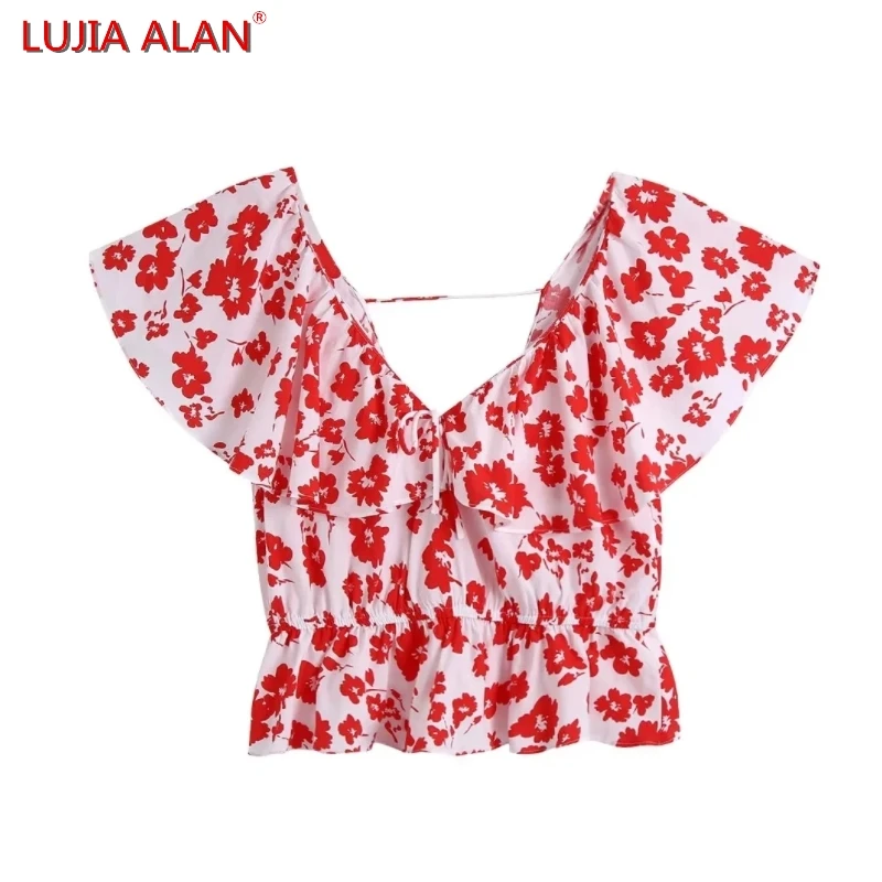 

New Women Red Flower Printed Cascading Ruffle Blouse Female V-neck Lace Up Bow Shirt Casual Short Tops LUJIA ALAN B1657
