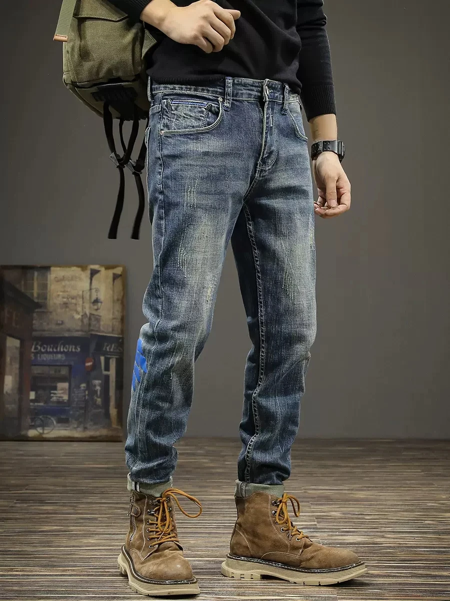 Fashion Designer Men Jeans High Quality Retro Blue Elastic Slim Fit Ripped Jeans Men Vintage Trousers Printed Denim Pants Hombre