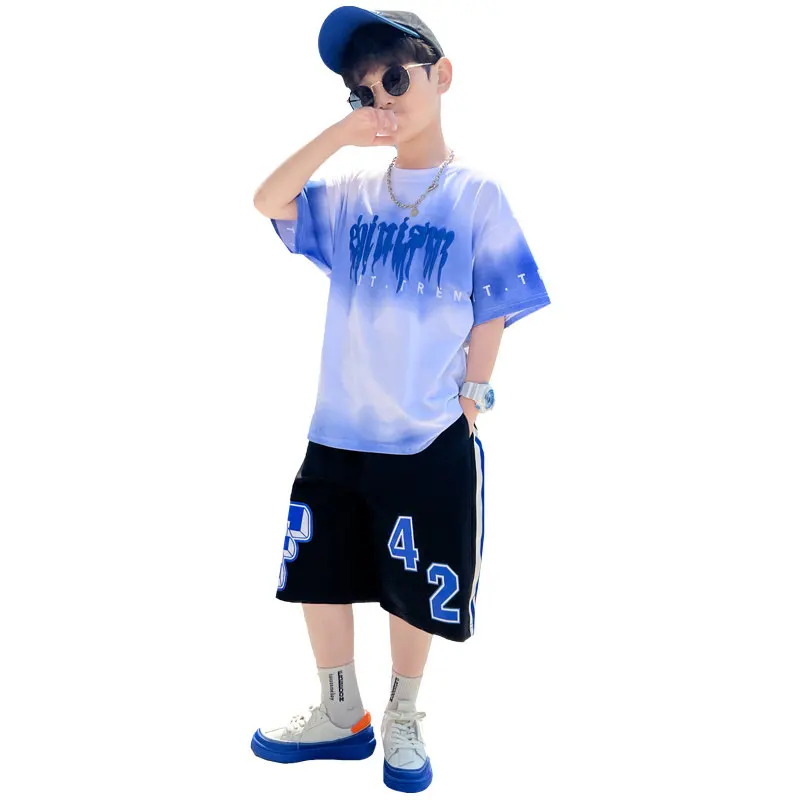 Big Boys Summer Tie-Dye Clothing Suits 4-14 Years Kids Teenager Cotton Letter Print Short Sleeve Tshirts+Shorts 2PC Clothes Sets