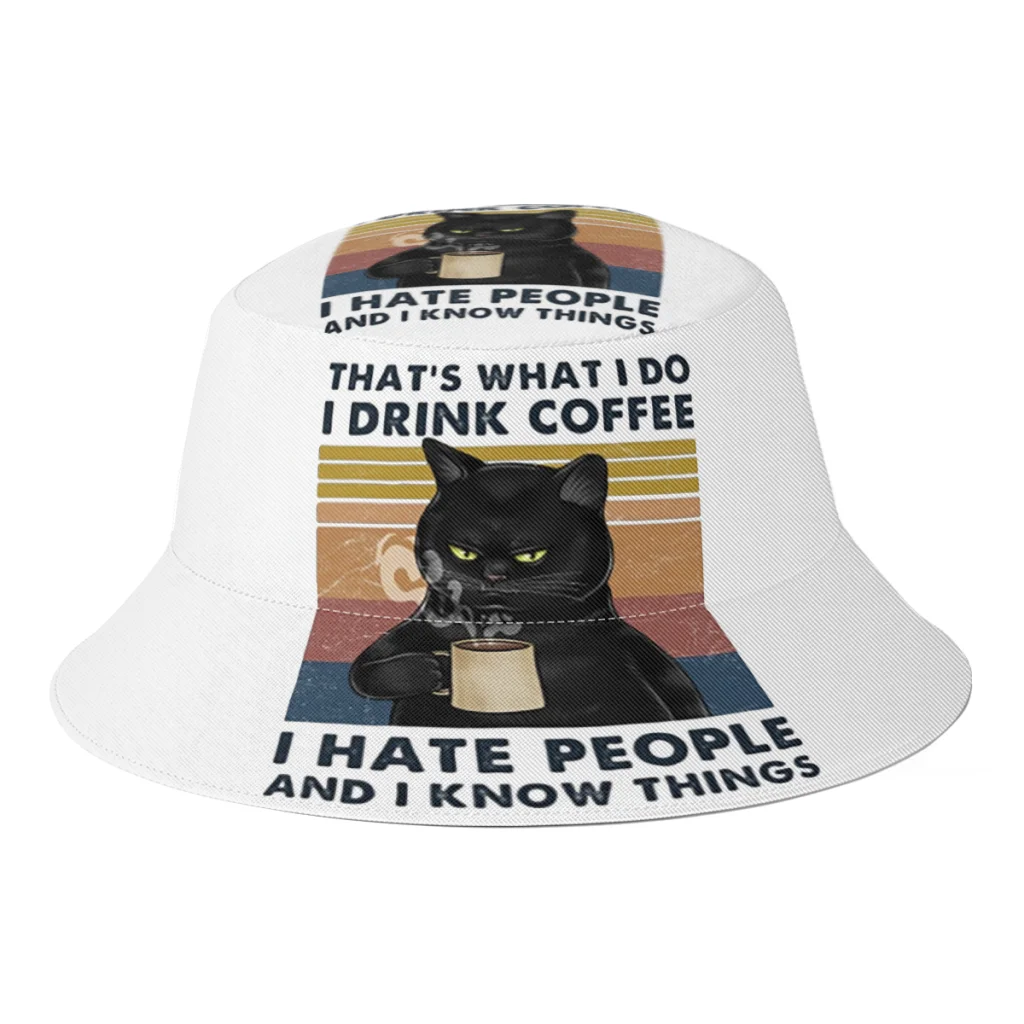 

Drink Coffee Hate People Cat Lover Gifts Bucket Hat Women Autumn Sunscreen Sun Cap Men Outdoor Travel Fisherman Hat Dropshipping