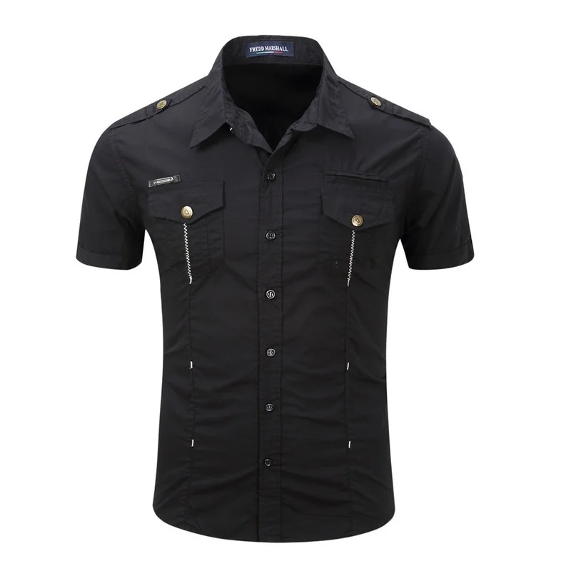 

Mens Shirts Casual Short Sleeve Pockets Slim Fit Men Shirt Camisa Masculina Para Hombre 100% Cotton Military Style