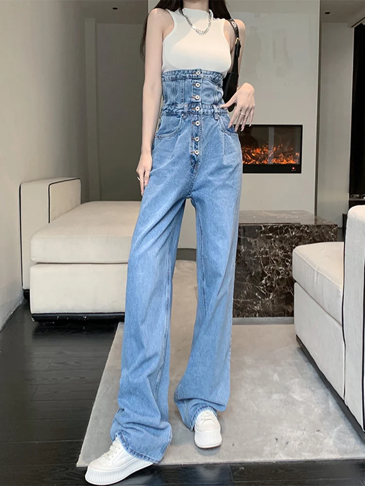 

Женские джинсы с завышенной талией, сверхпрочные джинсы с фланцевым соединением на талии, с несколькими пуговицами, широкие прямые брюки, модная женская одежда в Корейском стиле на лето