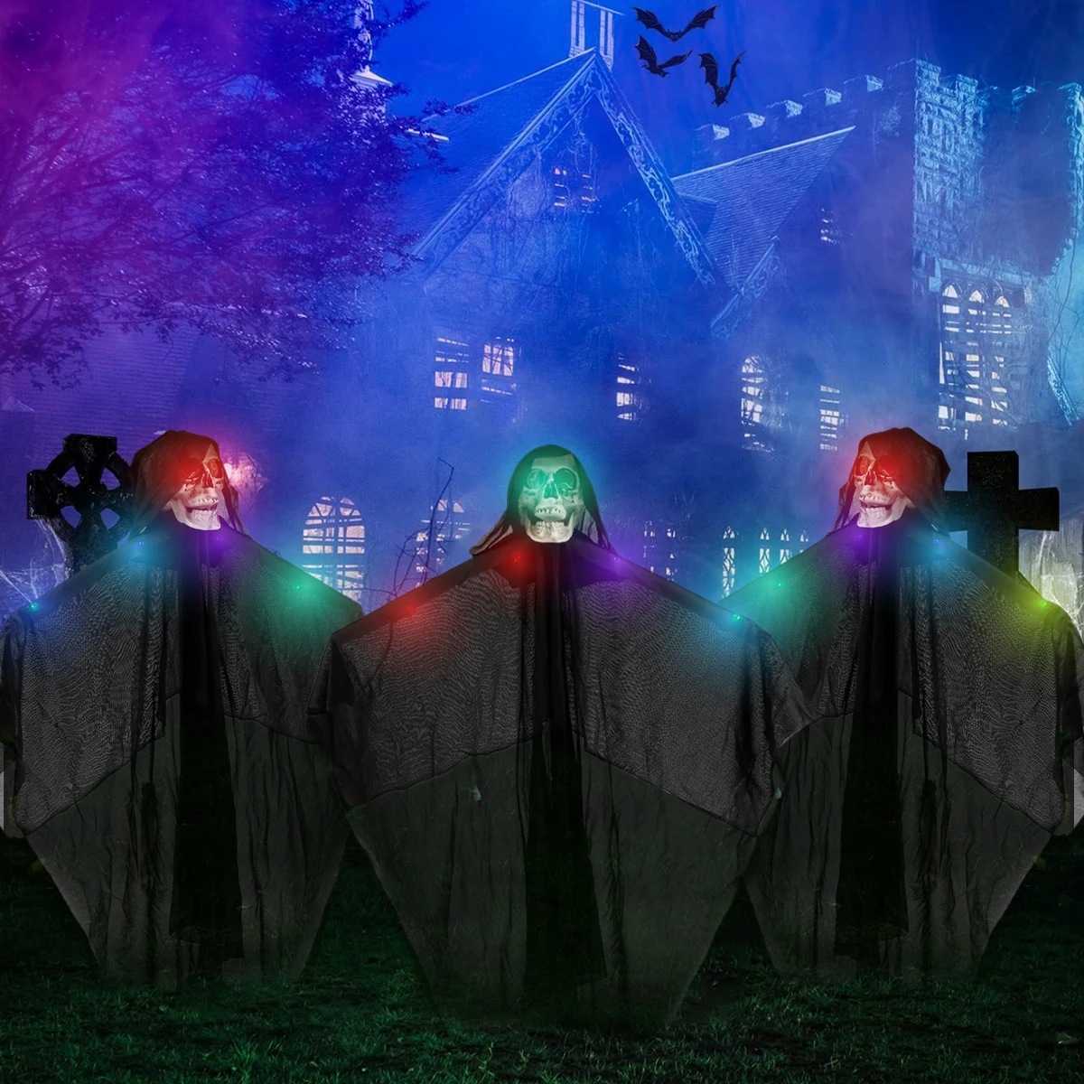 

3pcs Halloween Ghost Lawn Stakes with LED Light Black Scary Skeleton Ghost Yard Stakes Outdoor Halloween Decoration Horror Prop