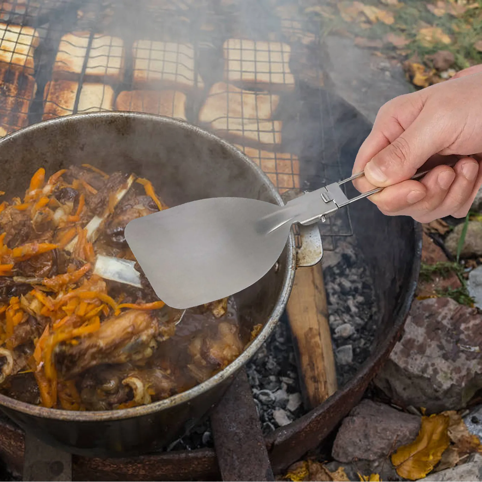 

Складной шпатель для кемпинга на открытом воздухе, нержавеющая сталь 304, термостойкий, нескользящий, плоский шпатель для походов и пикника