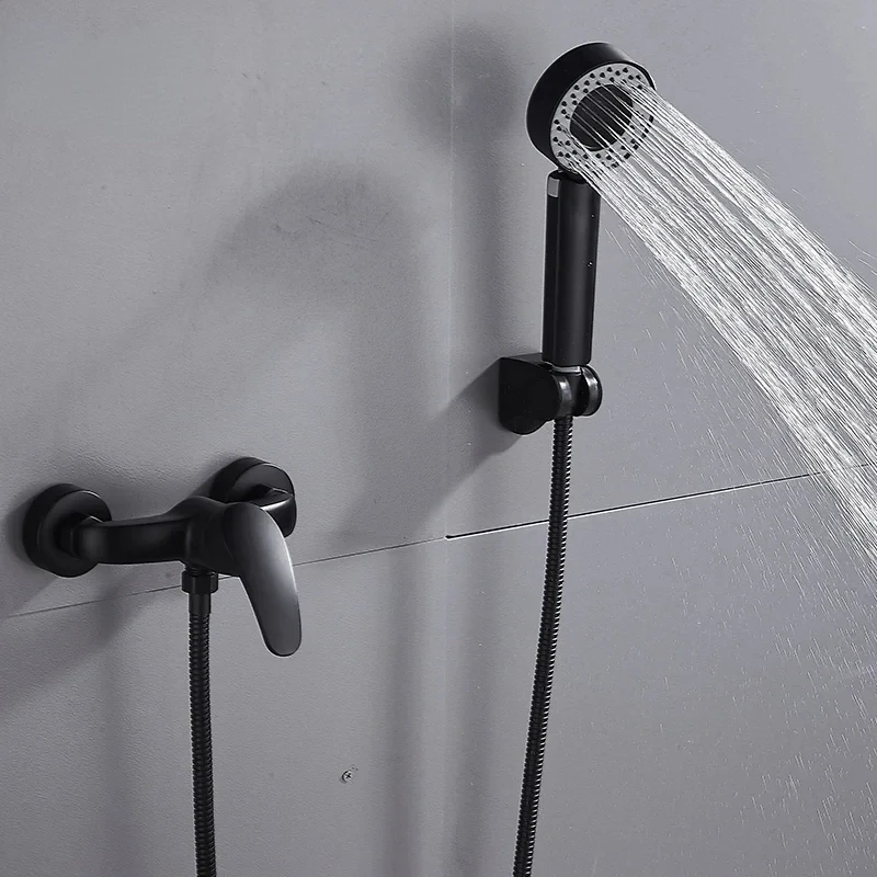 Черный набор смесителей для душа ванной комнаты с ручным распылением настенное