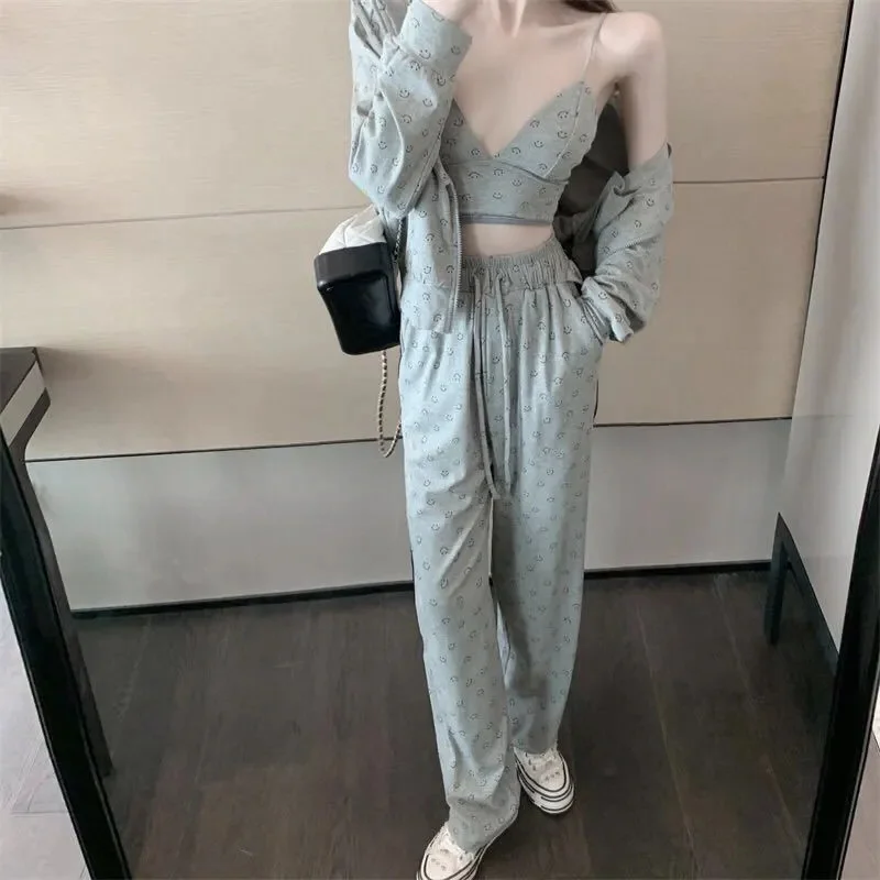 

Women's Fall Three-piece Sets Trend Temperament Western Jacket and Wide-leg Pants Sports Tops Indie Y2k Casual Harajuku Suits