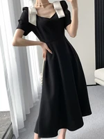 fashion women bow black midi dress 2022 summer new female square neck waist slim temperament long vestidos elegant a line robe
