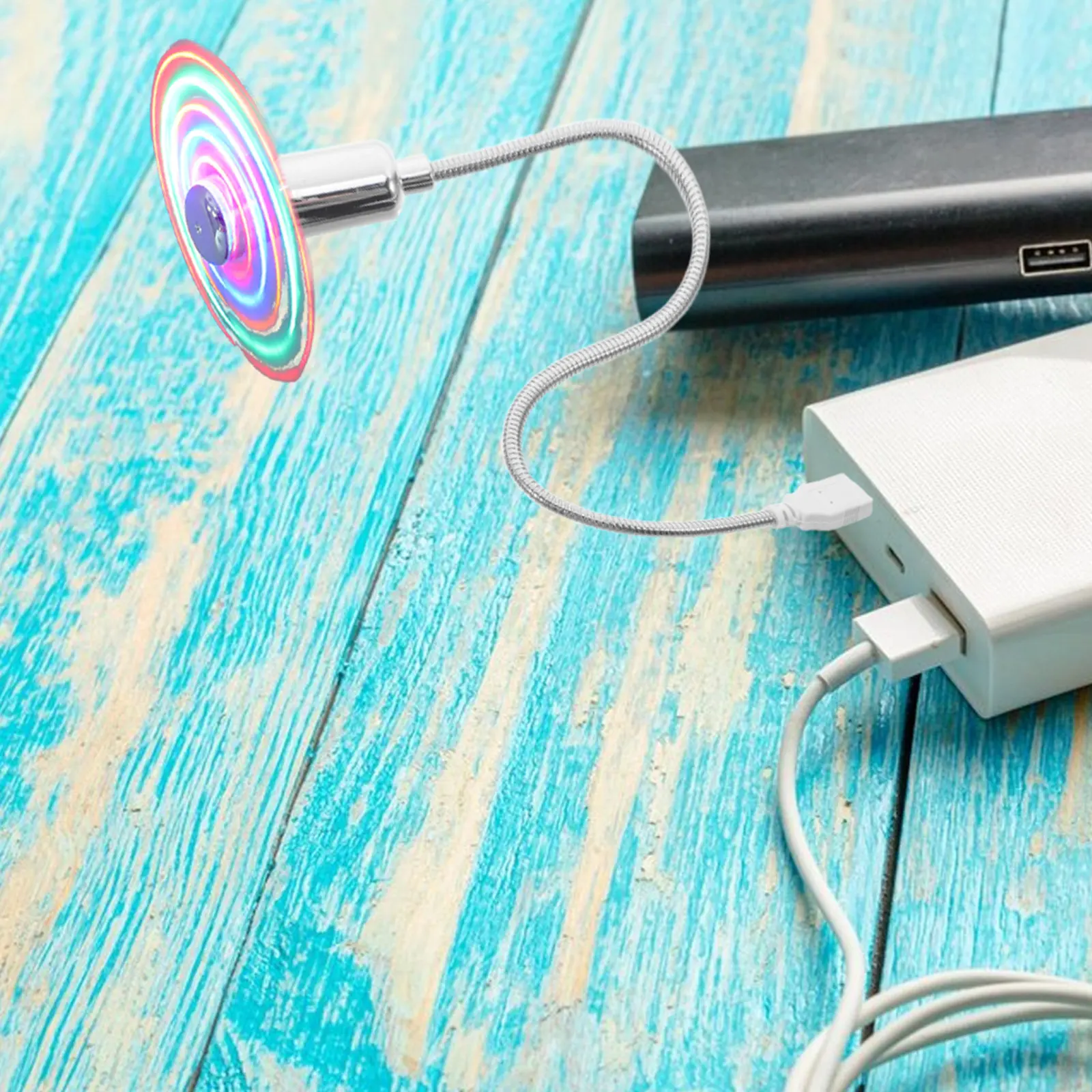 USB LED-вентилятор 41 см, серебристый, мини, с динамической подсветкой 64 цветов, круглой формы, для офиса, дома, рабочего стола, портативный (art.: 3920da8ac1efe) - 3920da8ac1efe