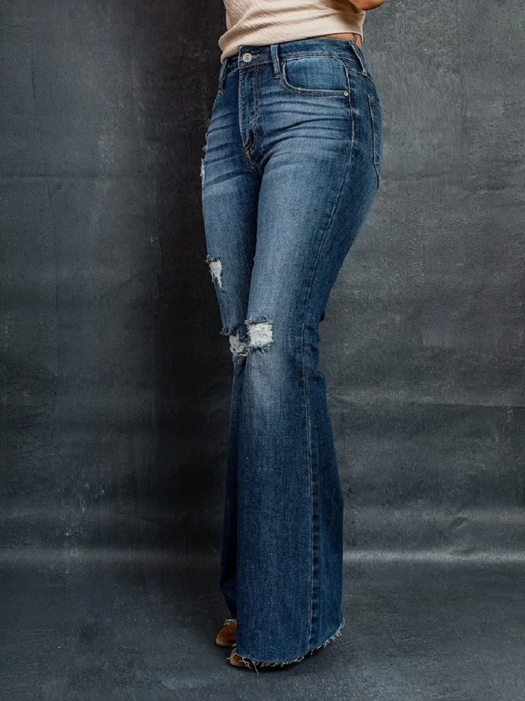 

High Waist Vintage Denim Jeans For Women Ripped Hole Stretch Flare Jeans Ladies Casual Long Pants