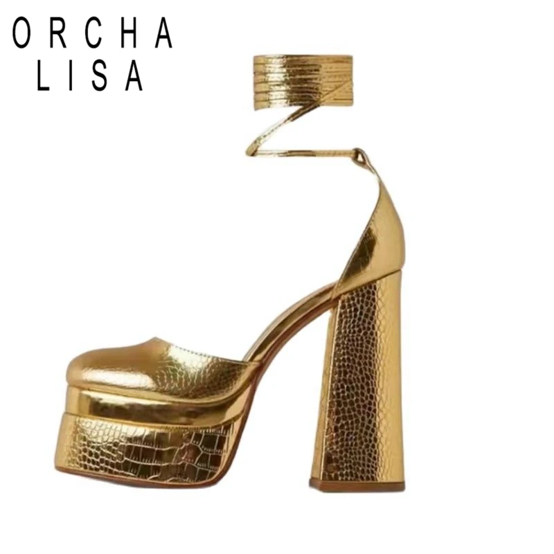

ORCHALISA Women Platform Sandals Chunky Thick High Heels Pumps Wedding Shoes Plus Size 34-43 Shiny Ladies Party Prom F1554