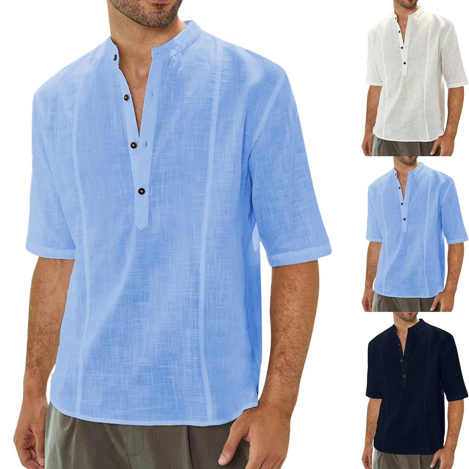 

Men's Summer Casual Tops Shirt Solid Color Fashion Shirt Half Sleeve Button Stand Collar Shirt Holiday European American Style