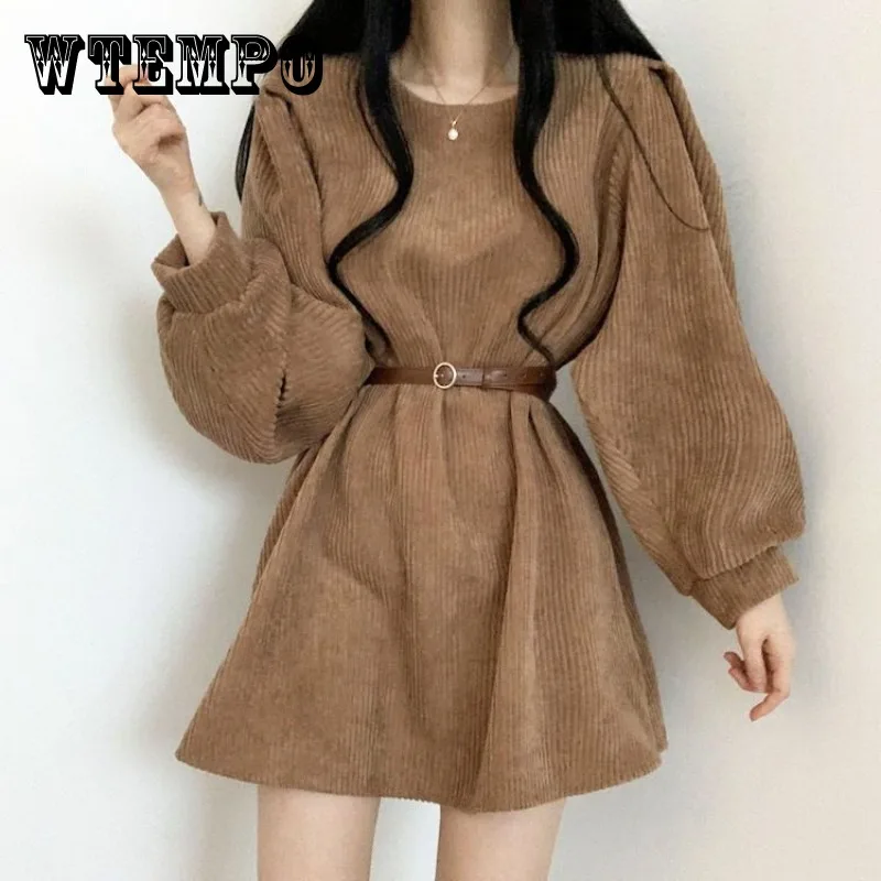 

Solid Corduroy Dress French O-Neck Loose Casual Dresses with Belt New Fashion Women's Clothing In Autumn 2023 원피스 Drop Shipping