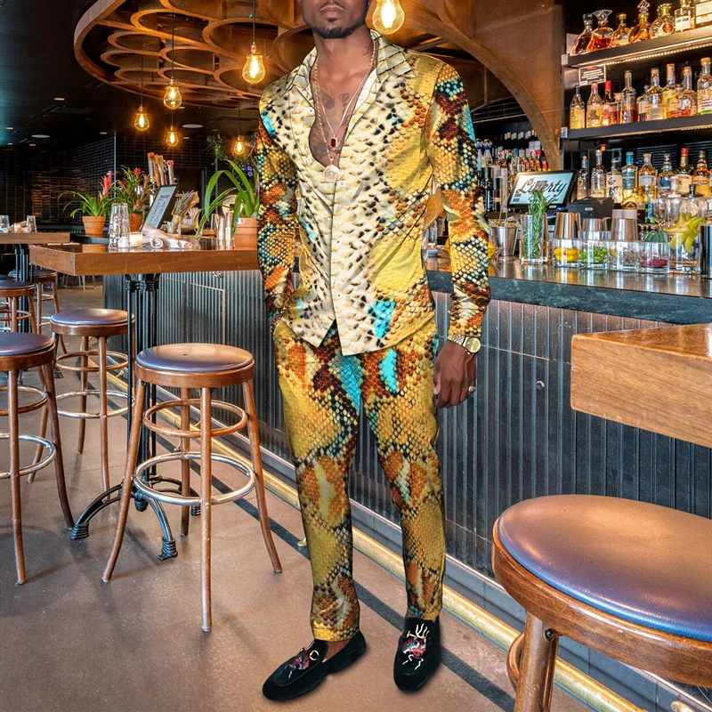 Spring Men's Gentleman's Shirt + Pants Suit Animal Snake Pattern 3D Harajuku Long-Sleeved Shirt Trousers Two-Piece Casual Wear