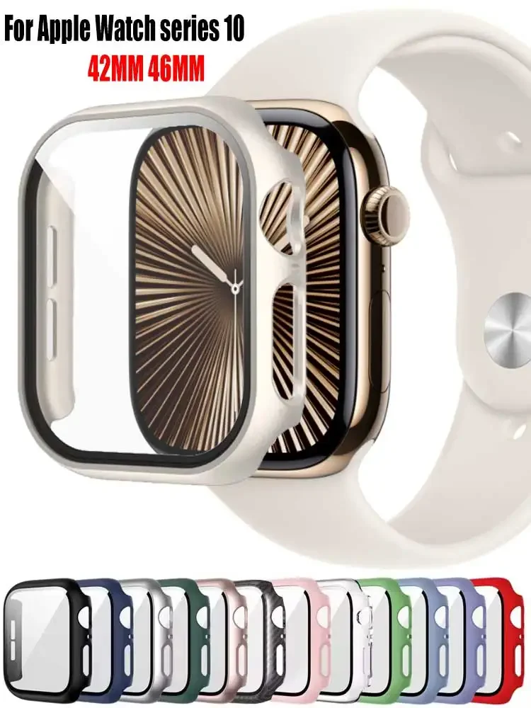 Фото Закаленное стекло + чехол для Apple Watch 10, 42 мм, 46 мм, матовый жесткий бампер для ПК, защитный чехол для экрана iWatch series 10, 42/46, аксессуары №1