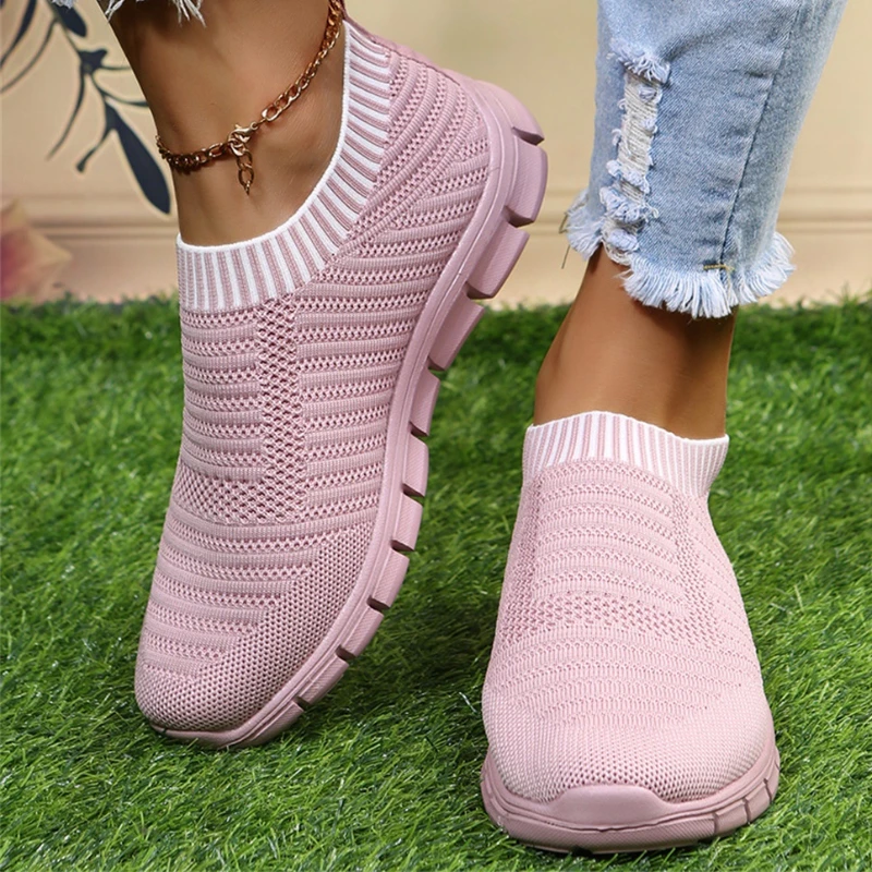 

Women's Breathable Sneakers 2022 Spring New Knitted Fabric Ladies Comfy Slip on Loafers Outdoor Running Sport Walking Flats