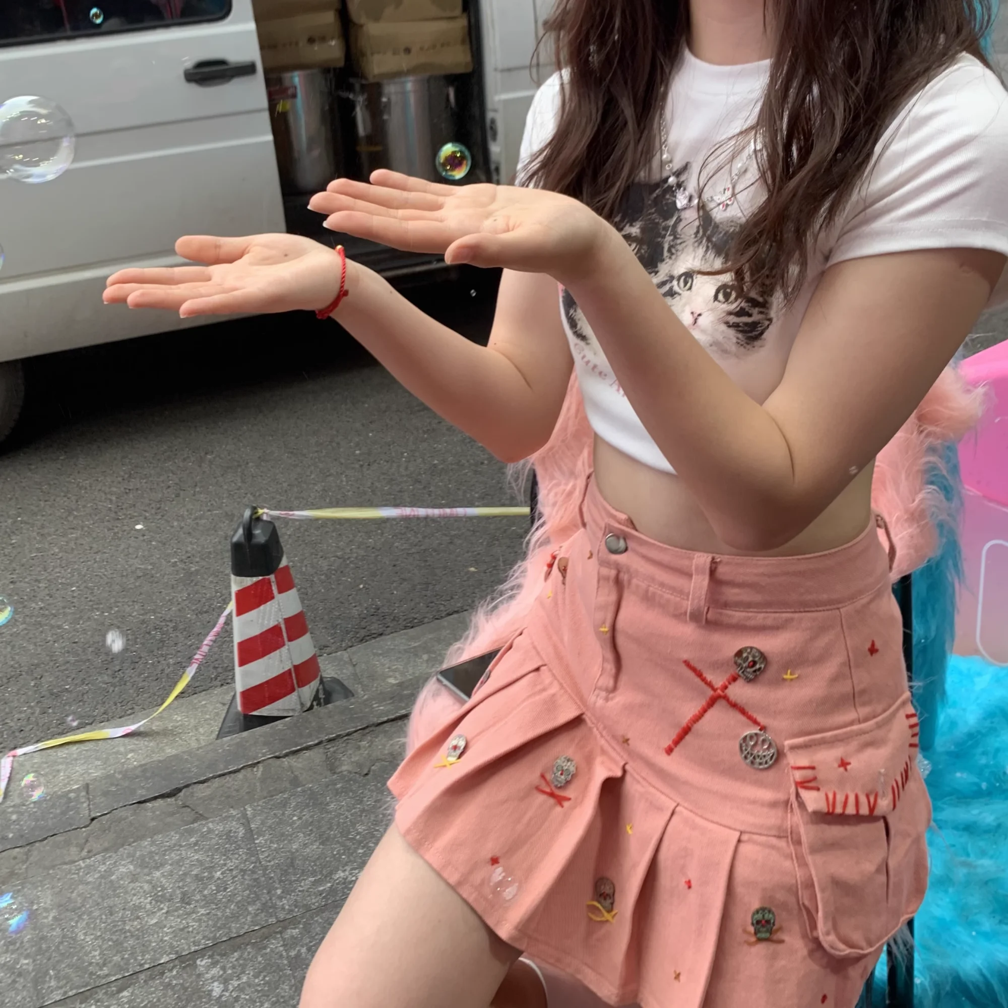 

Summer Handmade Crucifix Embroidery Skull Street Corner Girlish Light Pink Sweet Cute Kawaiistyle Short Denim Pleated Skirt