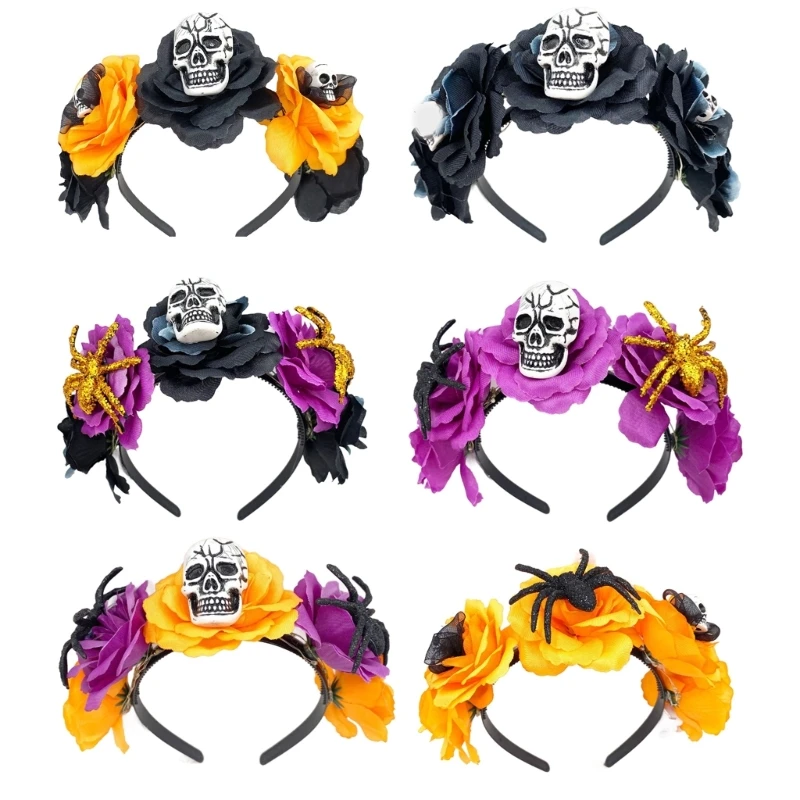 

Delicate LED Flower&Skull Hairband Thin Side Hairband Light Up Flower Shape Headband for Girls Halloween Hairband