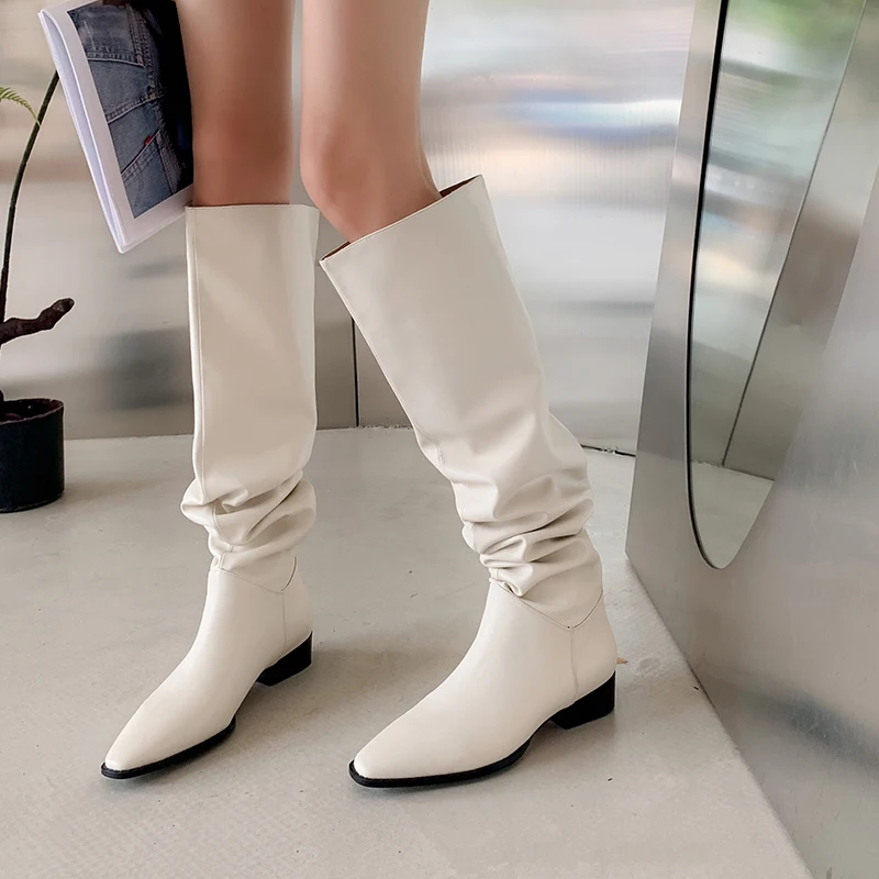 

Women Genuine Leather Knee High Motorcycle Boots Low Heels Autumn Winter Fashion Punk Concise Ladies Shoes Big Size 42
