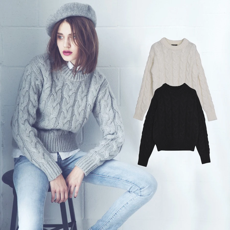 

Women's pullover sweater fashion thread short loose retro 80% wool thick thick thread high waist sweater women