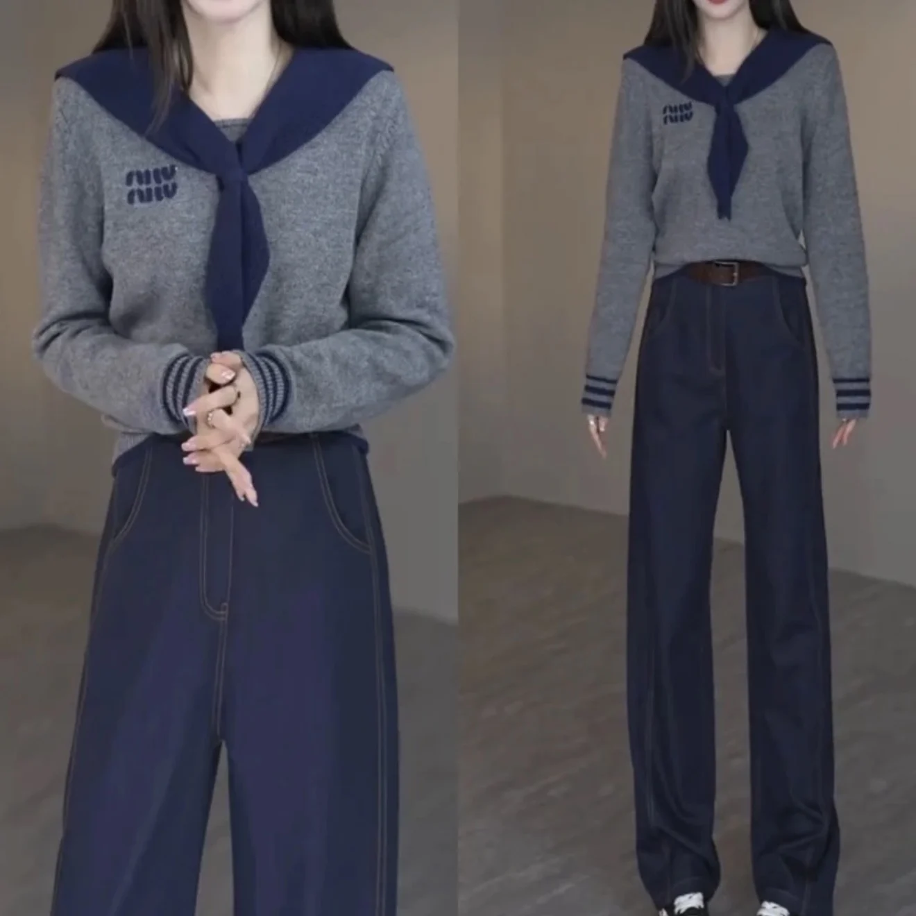 Осень 2024 шаль с матросским воротником уменьшающий возраст свитер вязаный