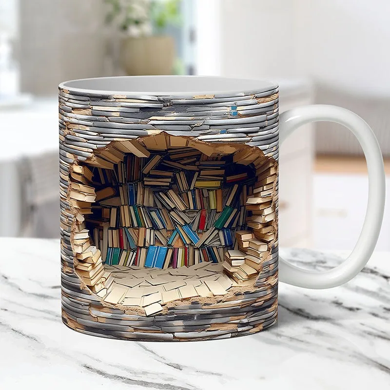 

350ml 3D Effect Bookshelf Mug Creative Space Design Ceramic Mug Library Mug Book Lovers Coffee Cup Christmas Gifts For Readers