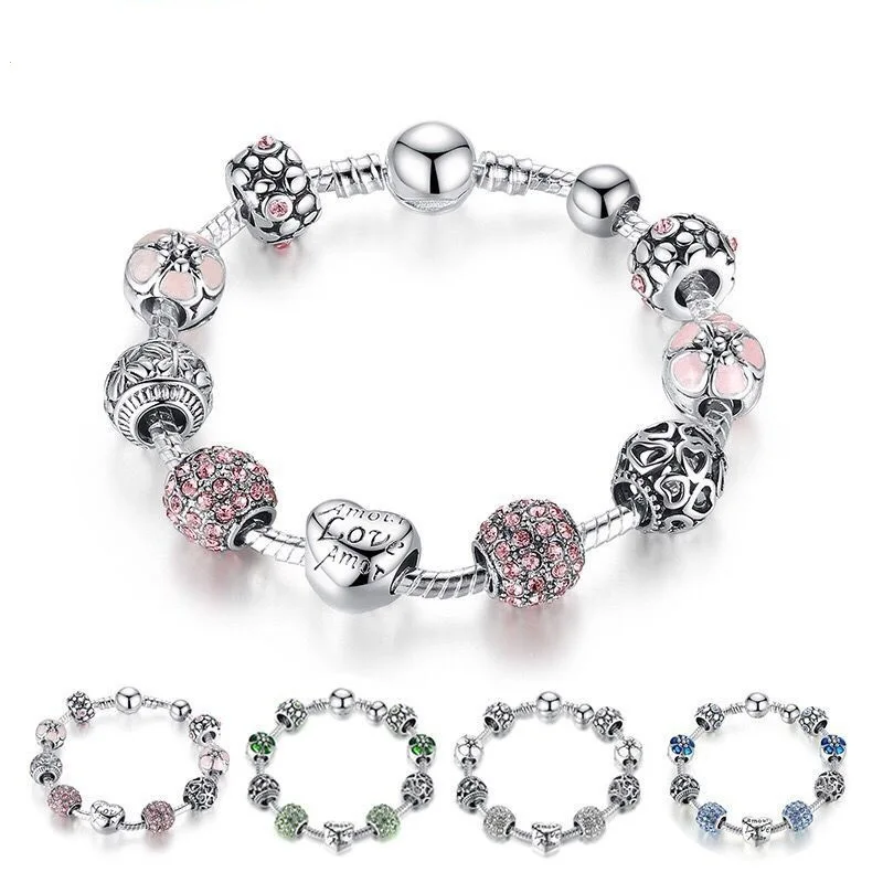 

Fashion Ladies Silver Plated Charm Bracelet, Love Flower Beaded Bracelet, Wedding Jewelry, 4 Colors, 18cm, 20cm, 21cm,