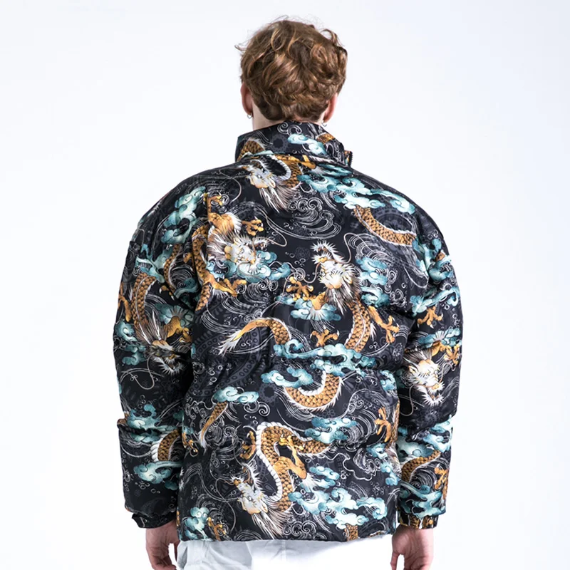 Fashion Dragon Cloud Printed Jackets Mens Hip Hop Parka Bomber Coats Harajuku Cotton Padded Winter Warm Zipper Coat Outerwear