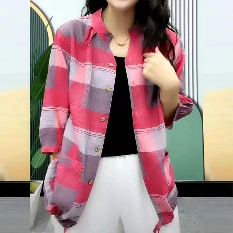 

Women's Coat 2023 New Summer Plaid Linen Shirt Jacket Mother Casual Loose Tops Female Fashion Sun-Protective Clothing Ladies