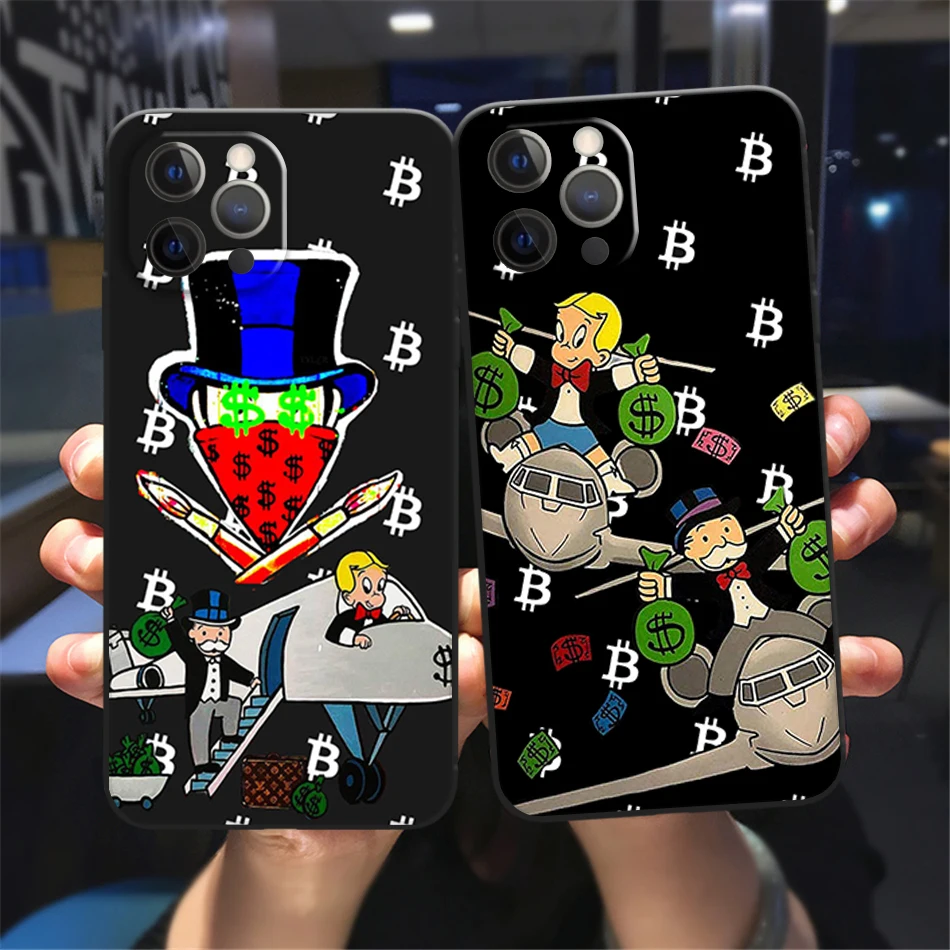 

Cartoon Dollar Monopoly Case for iPhone 13 12 11 14 pro Xs max Xr X 8 7 Plus 13 mini Soft Silicone Black Case
