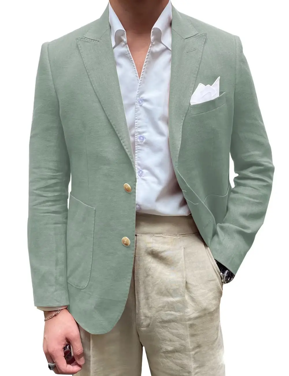 

Summer Men Linen Blazer 1PCS Two-Button Peak Lapel Jacket The Patch Pocket Formal Groom Solid Color Coat Beach Business Party