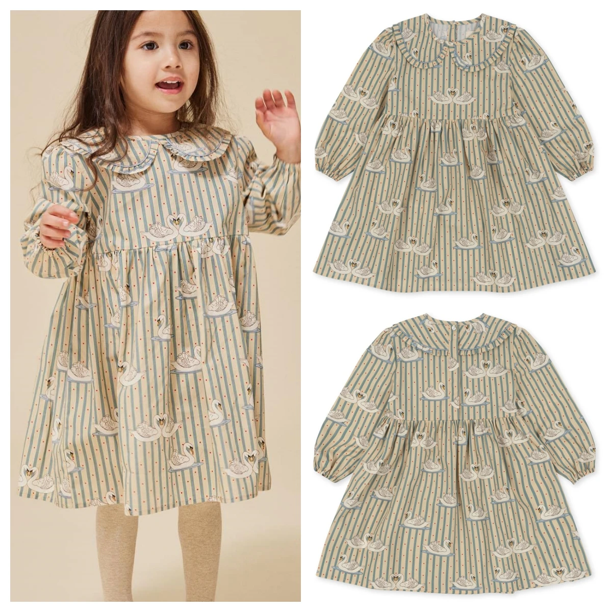 

2023 Winter New KS Kids Girls Princess Dress Cute Print Cartoon Long Sleeve Swan Dress Christmas