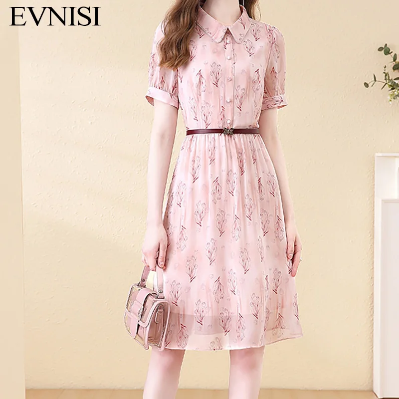 

Женское шифоновое платье EVNISI с цветочным принтом и поясом, воротник поло, элегантные офисные платья-трапеции для женщин, летнее платье