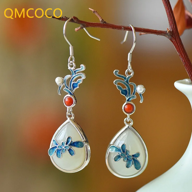 

QMCOCO Silver Color Summer New Flower Pendant Eardrop Woman Retro Ethnic Style Fashion Earring Send Girlfriend Gifts