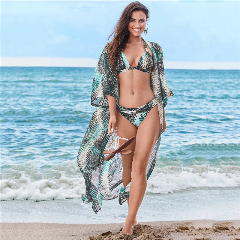 

Women Summer Dress 2022 Cover Up Beach Bikini Swimsuit Ladies New Shallow Serpentine Chiffon Print Sexy Cardigan Polyester Saida