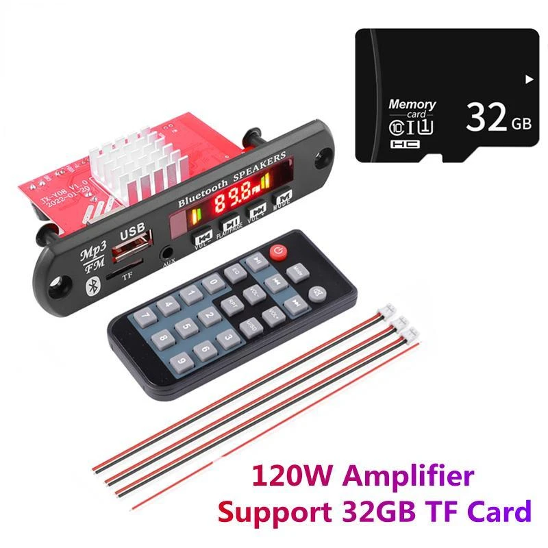 

Amplifier 8-24V HiFi Stereo MP3 Decoder Board 120W Bluetooth 5.0 Car FM Radio Module Support TF USB AUX Radio For Speaker