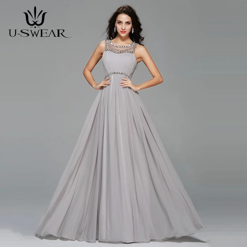 

Очаровательные серебряные платья подружки невесты, платья без рукавов с круглым вырезом для свадебной вечеринки, шифоновые вечерние платья халат, украшенный бисером