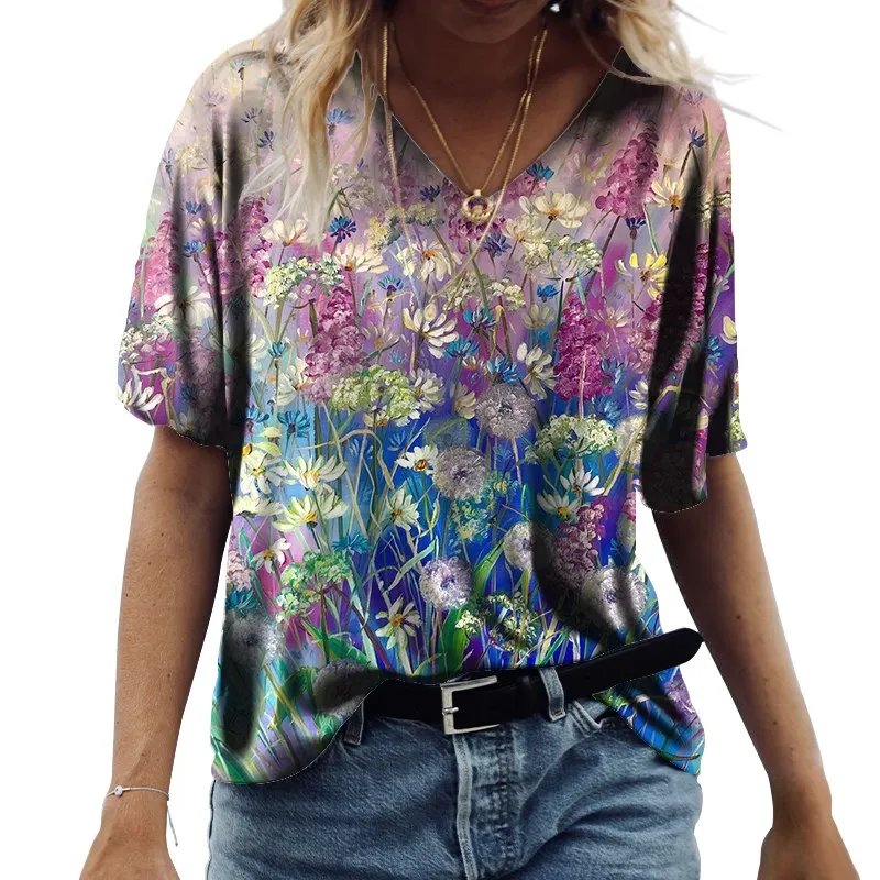 

Женская футболка с цветочным 3D принтом, свободная повседневная футболка с V-образным вырезом и коротким рукавом, уличная одежда, лето 2021