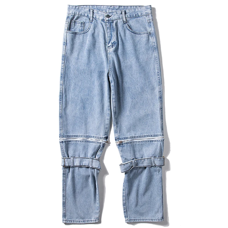 Detachable Baggy Jeans Men Straight Wide Pants Fashion High Street Hip Hop Blue Denim Trousers Oversize Bottoms Male Y2K Clothes