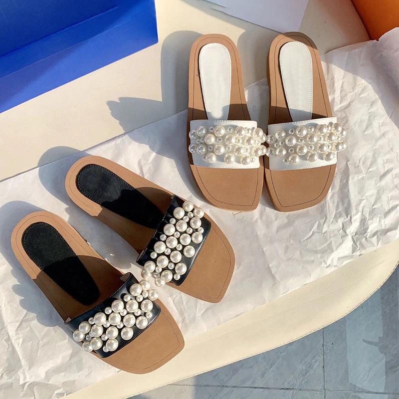 

2022 Sheepskin Slip-on Slippers For Women Square Head Pearl Decoration Flat Shoes Fashion Comfortable Summer Slippers Summer