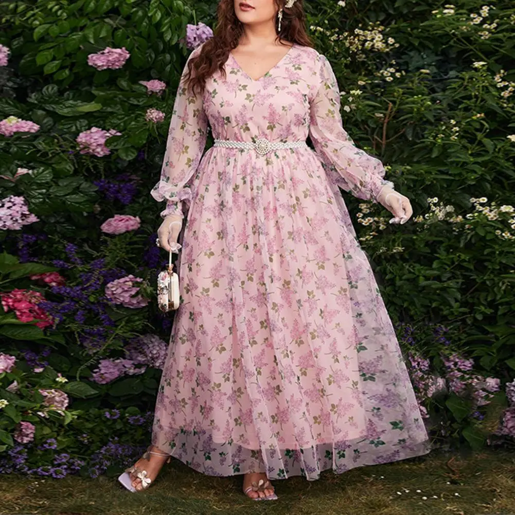 

Женское длинное платье большого размера, розовое элегантное платье макси с цветочным принтом для полных, 2022