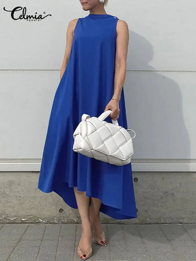 

Celmia Fashion Summer Midi Dress Women Asymmetrical Hem Tank Dress Sleeveless Streetwear O-neck Bandage Beach Chic Long Robe