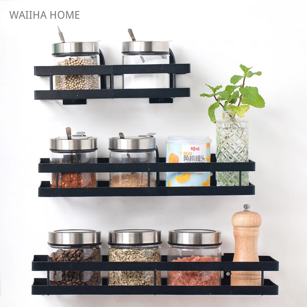 

Kitchen Spice Jar Rack Seasoning Bottle Bracket Shelf Supplies Storage Black Home Organizer With Hooks Bathroom Holder