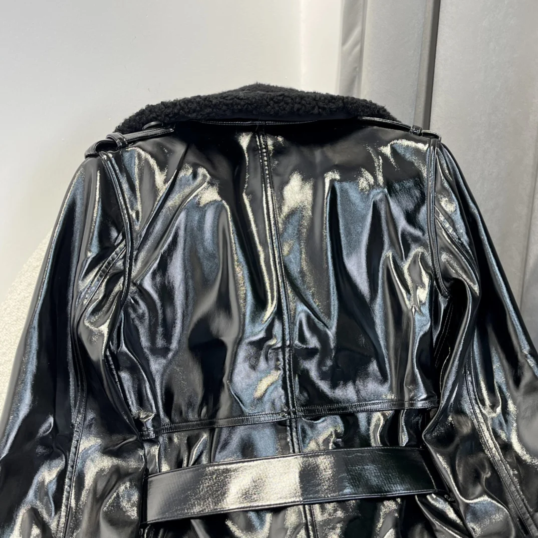 2023 New Arrival Winter Top Quality Casual Black Faux Leather Long Jacket Full Sleeve Fur Collar Windbreakers Women