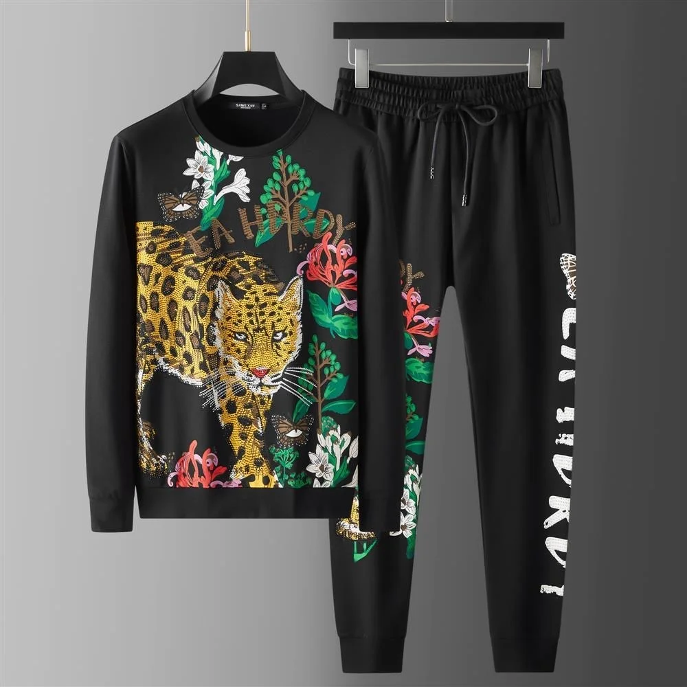 fashion European station hot diamond leopard printed sweater set men's 2021 autumn new youth leisure sports two-piece set