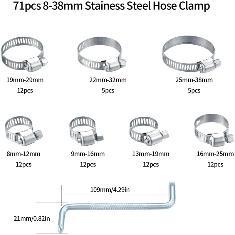 

71 Pcs Hose Clamps Set Stainless Steel Adjustable Pipe Clamps 8-38Mm Hose Clamps For Fuel Pump House Gas Pipe